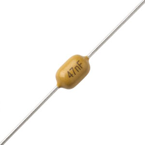 A high-quality 47nF axial ceramic capacitor with tinned leads for ZX Spectrum motherboard repair.