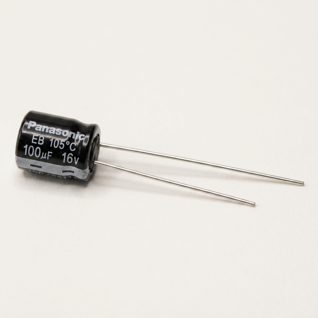 A brand-new Panasonic 100uF 16V radial electrolytic capacitor for a Sinclair ZX Spectrum composite video mod.