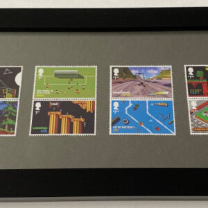 Exclusive framed UK video games stamp set with a dark background, minimalist gaming wall art.