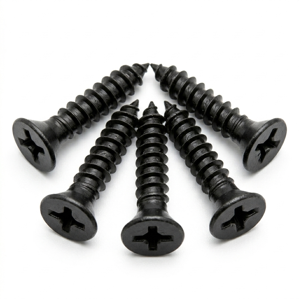 Five long self-tapping countersunk black case screws for Sinclair ZX Spectrum 16k/48k rubber key model.