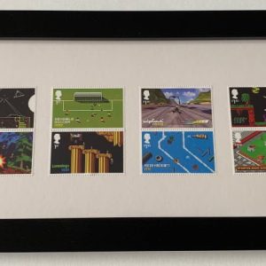 Exclusive framed UK video games stamp set with light background, minimalist gaming wall art.