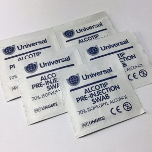 A pack of five individually sealed isopropyl alcohol wipes for cleaning electronic components and removing adhesive residue.
